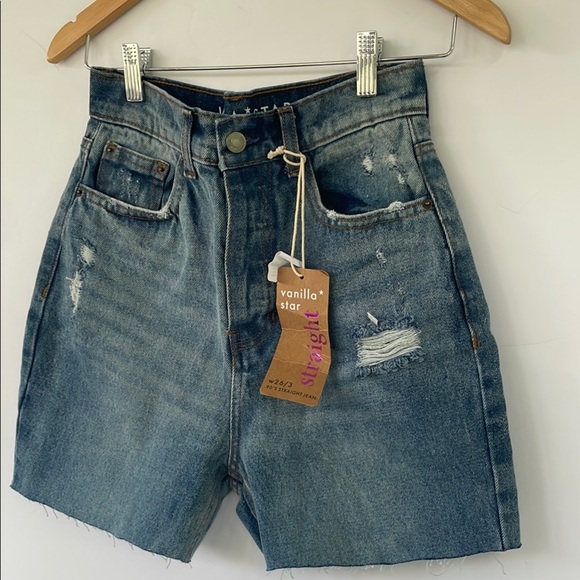 Vanilla Star 90s Straight Jean Blue Distressed High Waisted Denim Short 26/3 - Picture 8 of 17